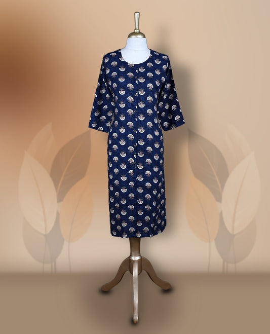 Navy blue colour kurti featuring a round neckline with button detailing, 3/4th sleeves, and an all over floral print in pink,green and beige, designed in a straight cut silhouette for a simple and elegant everyday look.