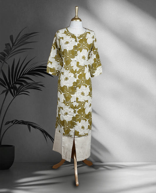 Olive green colour cord set with bold beige colour floral prints, featuring a straight cut top with a front slit and matching beige pants.