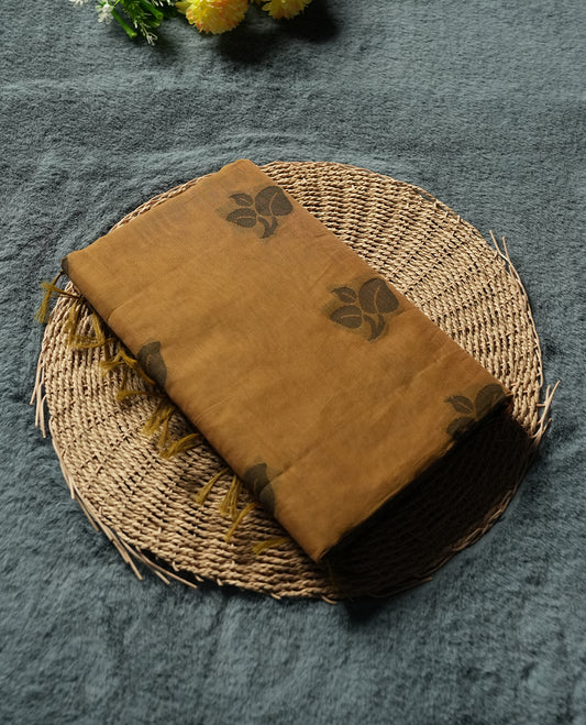 Honey Gold Colour Silk Cotton Saree with dark brown Leaf Butta Body, Contrasting dark brown Zari Pallu & Border, Floral Motifs, and Matching Woven Blouse Piece