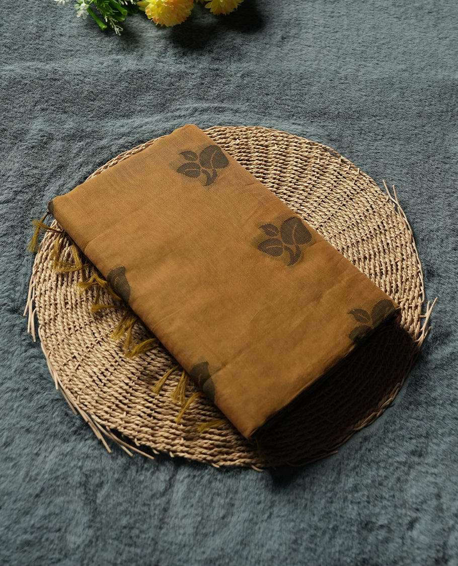 Honey Gold Colour Silk Cotton Saree with dark brown Leaf Butta Body, Contrasting dark brown Zari Pallu & Border, Floral Motifs, and Matching Woven Blouse Piece