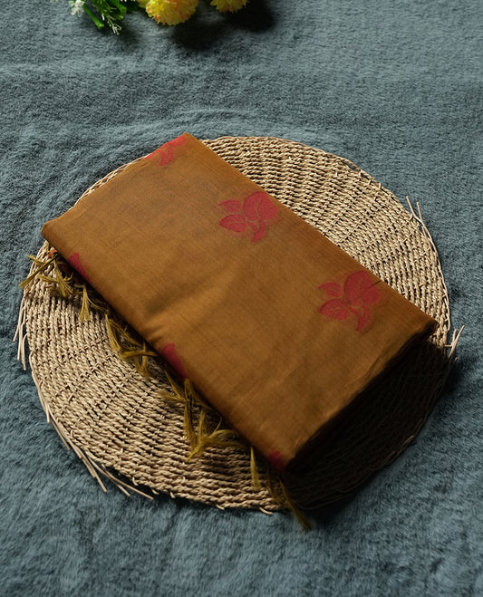 Golden orange Colour Silk Cotton Saree with Orange red Leaf Butta Body, Contrasting Orange red Zari Pallu & Border, Floral Motifs, and Matching Woven Blouse Piece