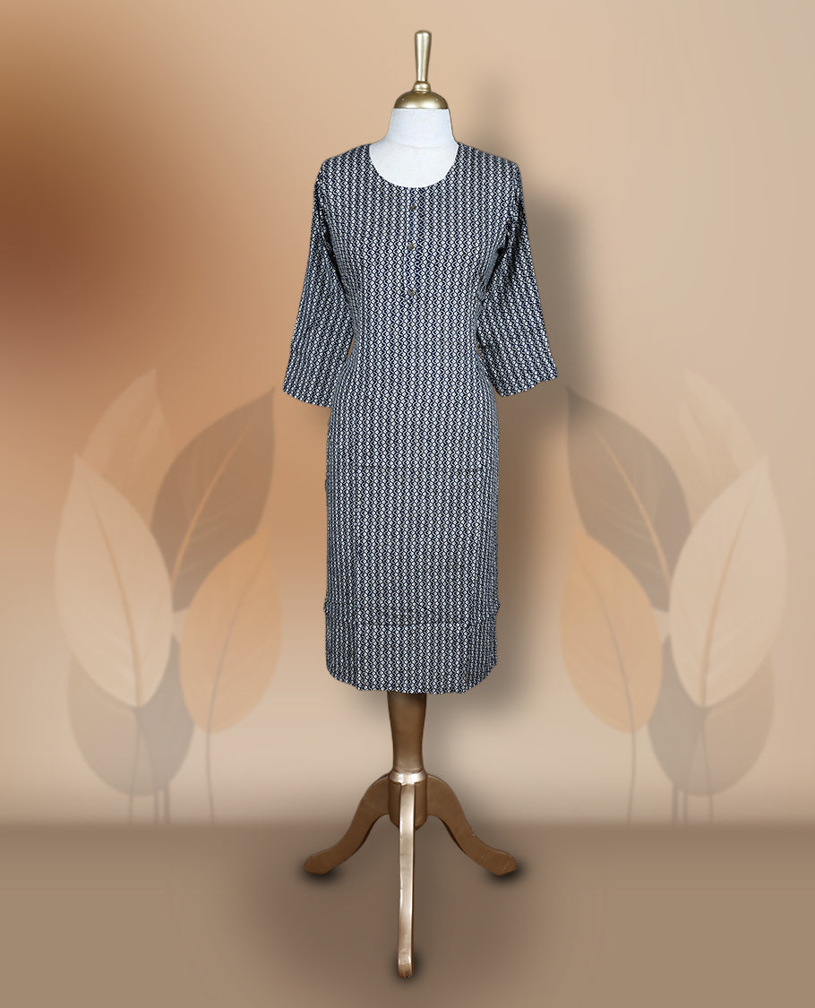 Navy blue colour kurthi adorned with delicate cream colour floral prints, featuring a round neckline and three quarter sleeves & Crafted for comfort and style, perfect for casual and semi formal occasions.