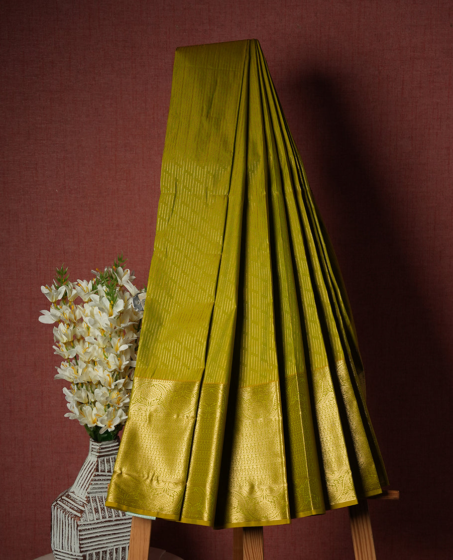 yellow green Colour Semi Silk Saree with Gold Self-Woven Striped Body, Contrasting Grape Purple Golden Zari Pallu & Border, Allover Paisley Motifs, and Matching Blouse Piece
