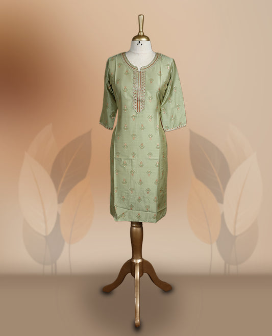 Light green colour kurti with intricate embroidered patterns, a round neckline with a detailed placket, and 3/4th sleeves, Perfect blend of traditional charm and modern comfort for all occasions.