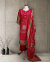 Dark red colour salwar from TWARA, featuring a delicate neck with floral work, all over on the top, paired with a matching bottom and an elegant dupatta.