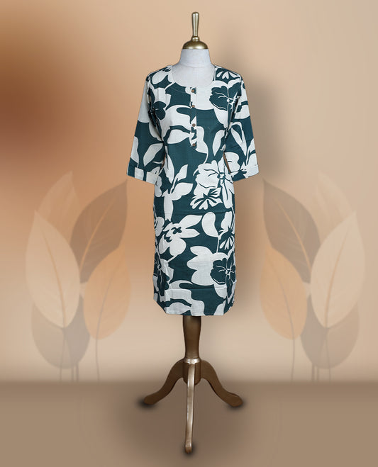 Dark green and white kurthi featuring bold floral prints and a buttoned neckline & Designed with 3/4th sleeves and a straight fit, perfect for everyday comfort with a touch of modern style.