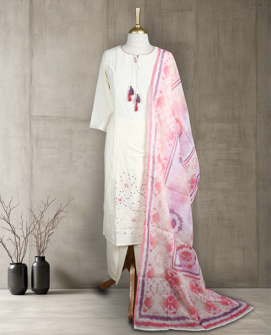 Off white colour salwar from TWARA, featuring a delicate pink & purple embroidered neck with thread work, paired with a matching bottom and an pink floral printed dupatta.