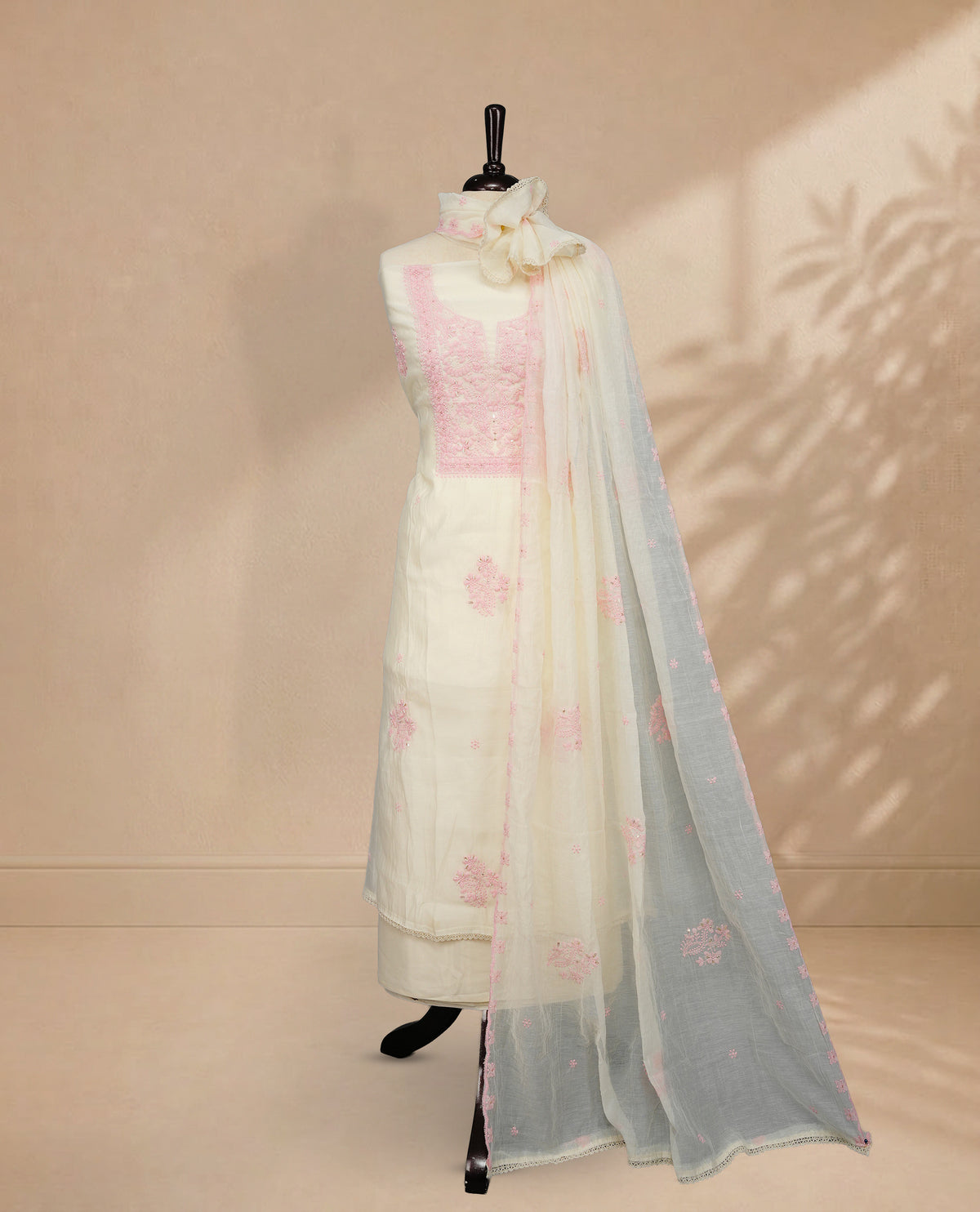 Ivory Colour Mul Chanderi Salwar material featuring Baby Pink Embroidery & Delicate Bead Work on body, paired with Santon bottom & Embroidery Worked Dupatta With Scallop border.