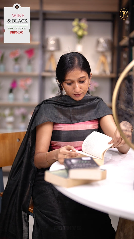 Black colour semi tussar silk salwar material featuring elegant horizontal stripes on the yoke and dupatta, woven in shades of pastel pink & Paired with a matching plain bottom.