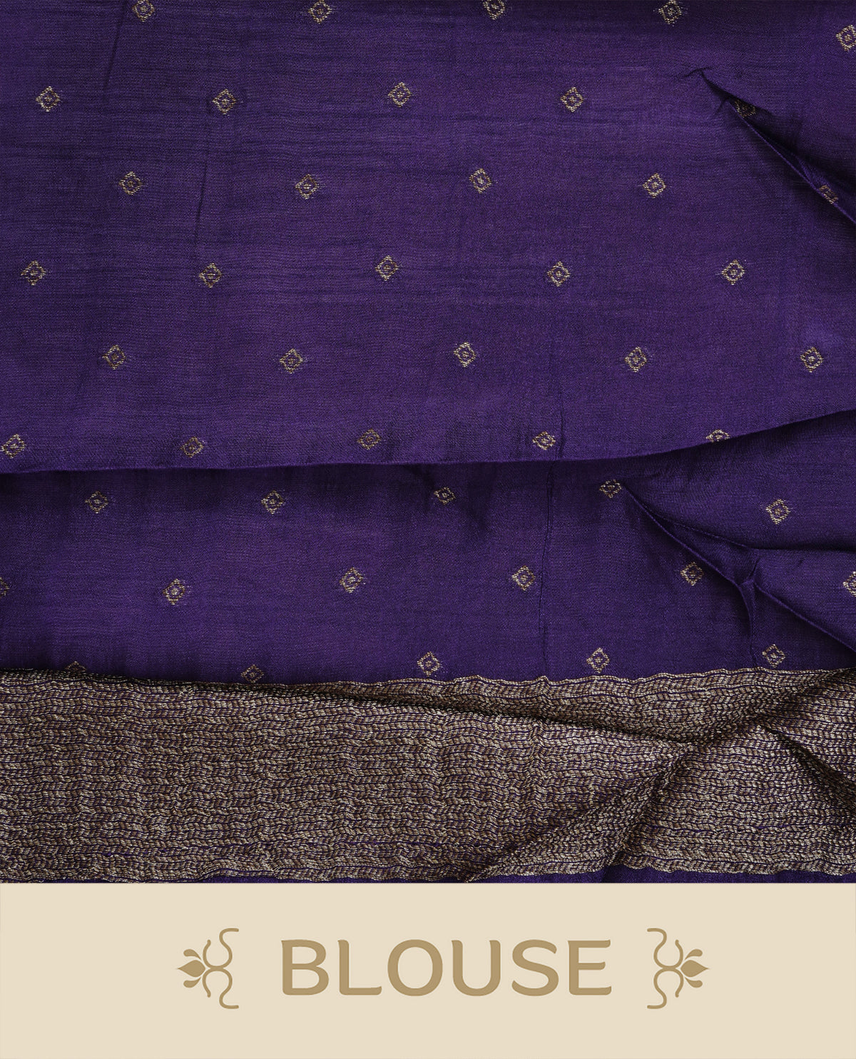 Rich purple colour semi banaras tussar georgette saree featuring gold zari pattern on body, finished with gold zari temple border and paired with matching blouse piece.