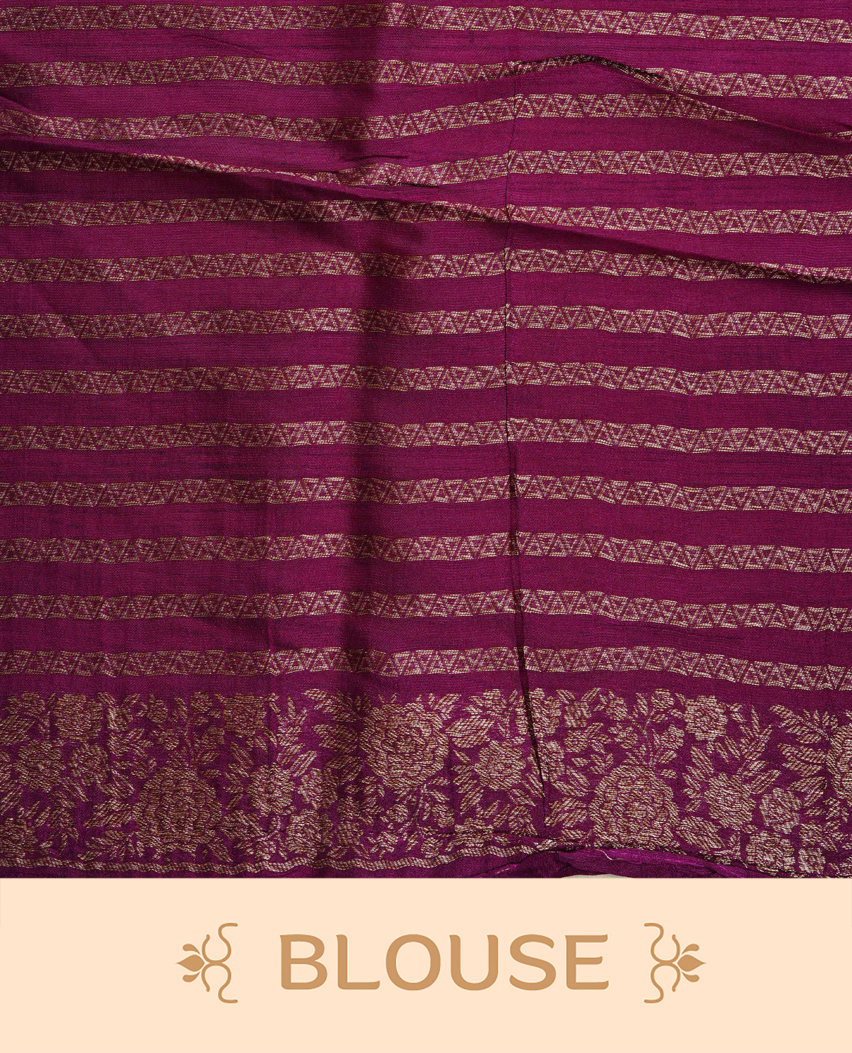 Purple colour semi banaras tussar georgette saree featuring gold zari floral pattern on body, finished with gold zari floral motifs on border and paired with matching blouse piece.