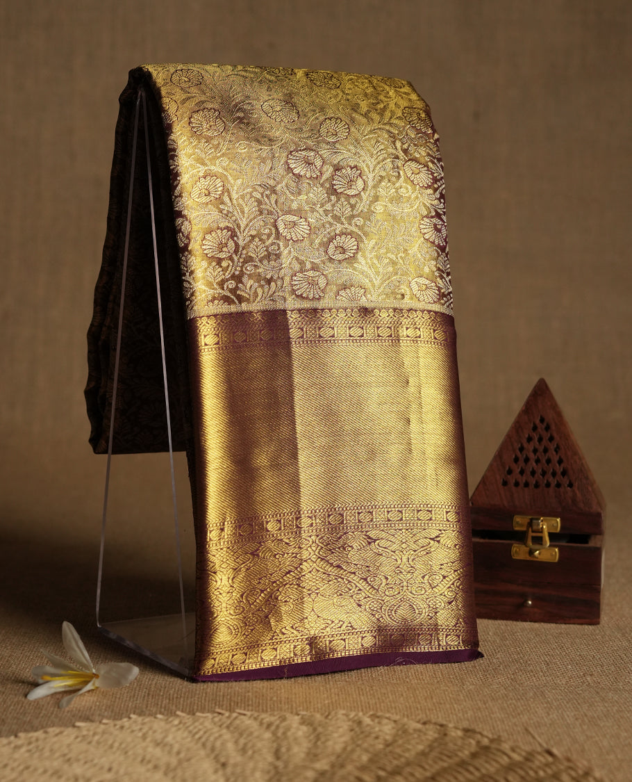 Golden Colour Pure Tissue Wedding Saree having Zari Jaal Body with Dark Grape Brocade Border and Blouse