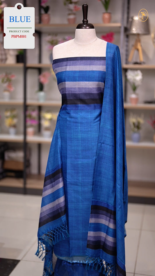 Blue colour semi tussar silk salwar material featuring elegant horizontal stripes on the yoke and dupatta, woven in shades of grey and navy & Paired with a matching plain bottom.