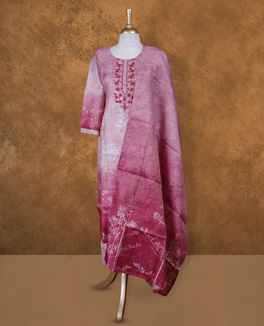 Pink colour churidar set featuring thread embroidery on U neckline, sleeves, and printed pattern on body , Paired with a matching dupatta