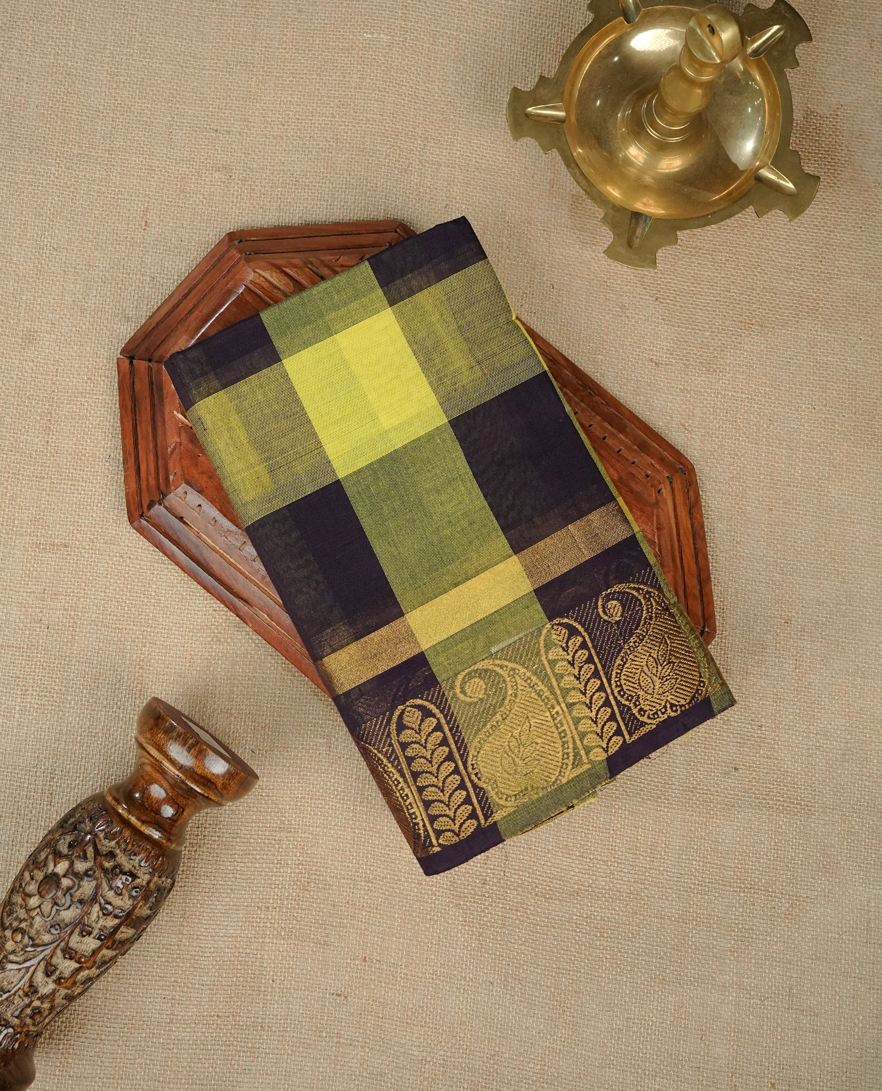 Lemon & Purple colour chettinad cotton saree featuring check pattern on body, complemented by Self Colour with gold zari border, comes with matching blouse piece.