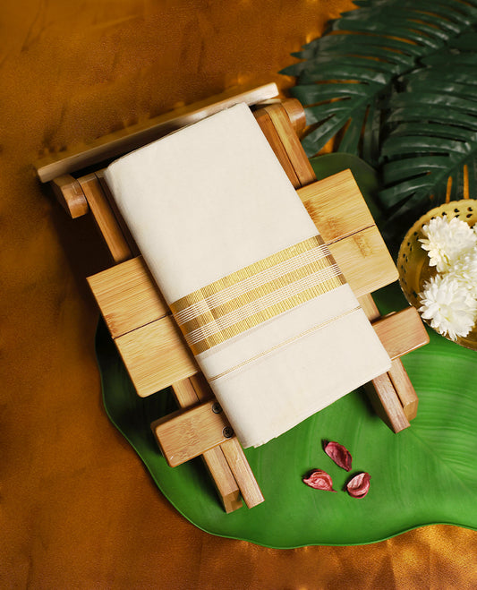 Classic off white colour pure cotton double dhoti with an elegant golden zari border featuring intricate detailing,A timeless traditional wear, perfect for weddings, festive occasions, and rituals.