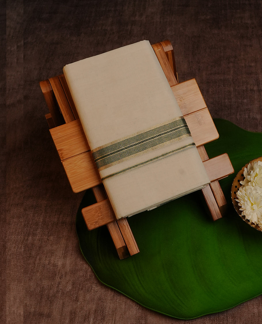 Cream Colour Cotton Double Dhoti Finished With A Classic Green , Gold Kara