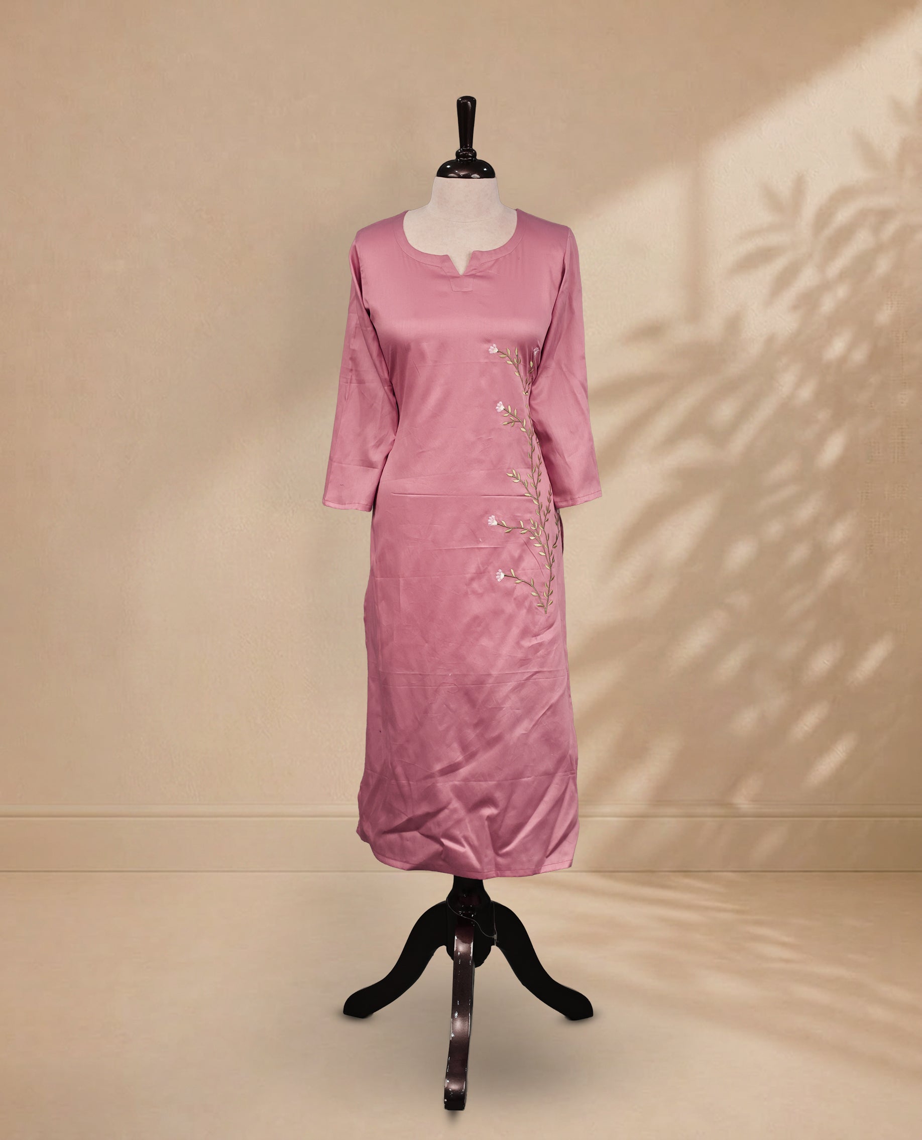 Pink  Colour Kurti Featuring U-Shaped Neckline, delicate  floral vine embroidery Work On Body & Sleeve