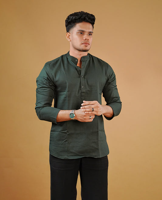 Green colour men's kurta featuring elegant plain body, complemented by sleeves for a refined and festive look.