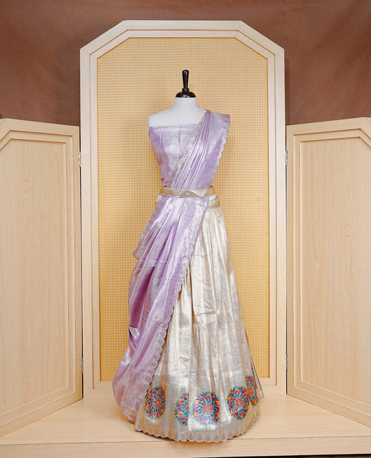 Light gold & Light Lavender Semi Stitched Dhavani Set Light Gold Skirt With Floral Pattern With Stone Worked Border, Paired with Unstitched Blouse, Elegant Dupatta For Prefect look.