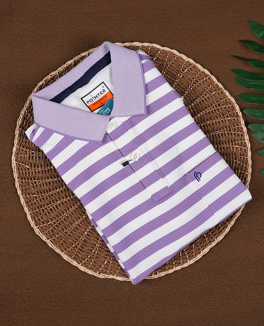 Purple and white colour striped T shirt featuring a classic shirt collar and short sleeves, offering a trendy yet casual look.