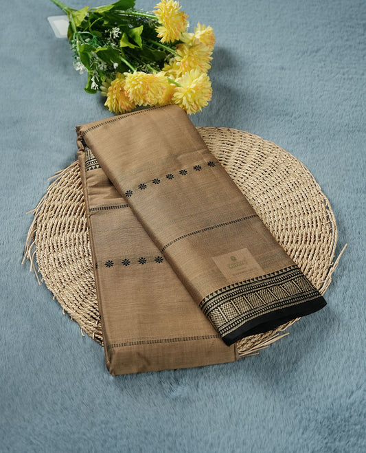 Sandstone colour Narayanapattu cotton saree featuring a Black colour stripped body, contrast Black colour with Cream zari border and pallu, pairing a matching blouse piece.
