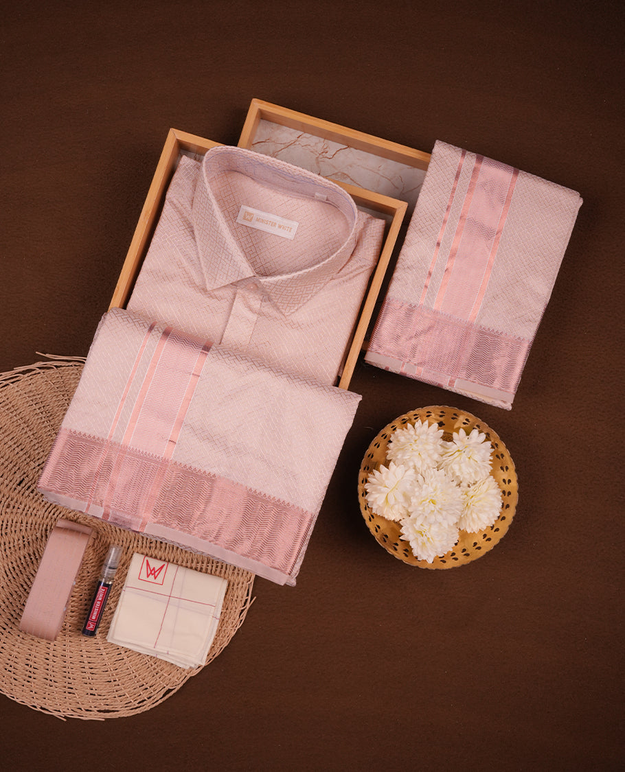 Light copper colour MINISTER WHITE shirt paired with a matching dhoti, finishing with a copper border