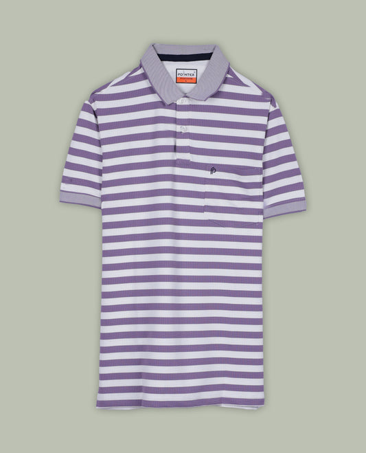 Purple and white colour striped T shirt featuring a classic shirt collar and short sleeves, offering a trendy yet casual look.