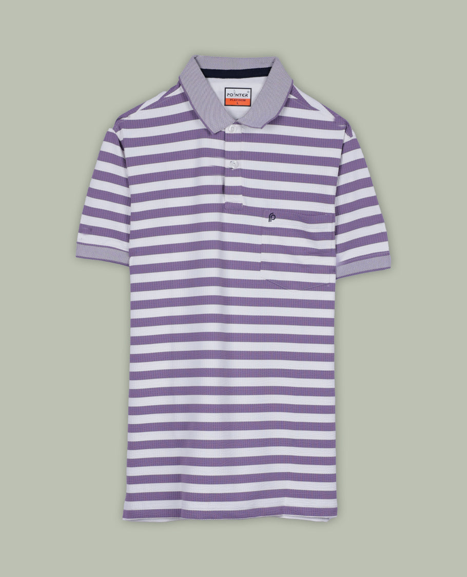 Purple and white colour striped T shirt featuring a classic shirt collar and short sleeves, offering a trendy yet casual look.