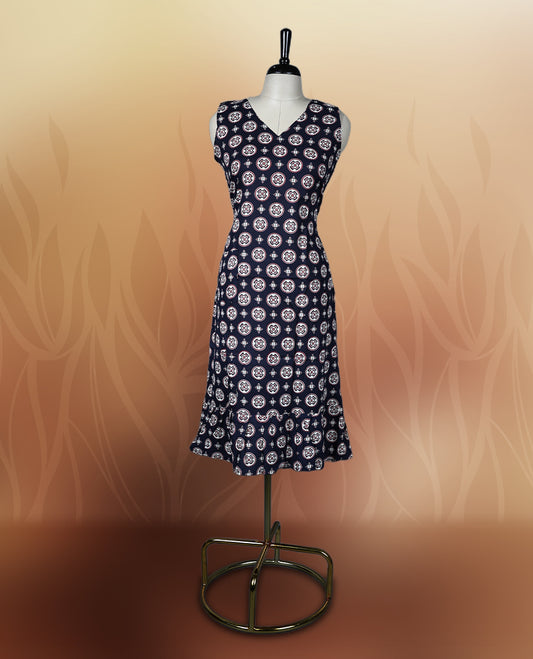 Black colour sleeveless nightwear with stylish white circular prints and a flattering V neckline, Tailored for comfort with a flared hem, perfect for casual outings, daily wear, or relaxed summer days.