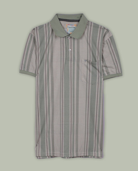 Sage green colour polo T shirt featuring a vertical striped pattern in beige, white, and grey, designed with a classic polo collar and short sleeves & made from soft breathable fabric for a relaxed and stylish everyday look.