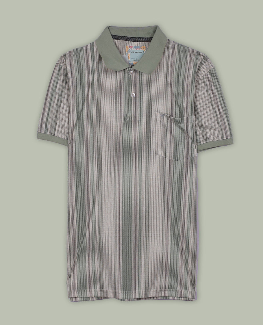 Sage green colour polo T shirt featuring a vertical striped pattern in beige, white, and grey, designed with a classic polo collar and short sleeves & made from soft breathable fabric for a relaxed and stylish everyday look.