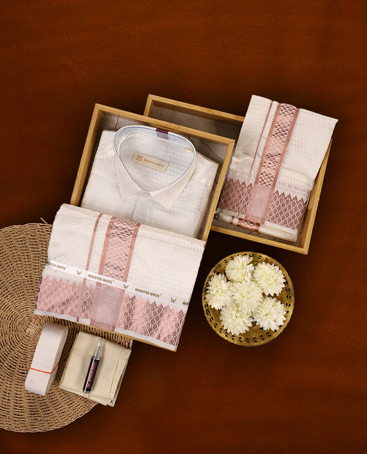 White copper MINISTER WHITE textured shirt with a subtle finish, paired with a matching dhoti highlighted by an elegant rose gold zari border and intricate woven patterns, perfect for a stylish festive look.