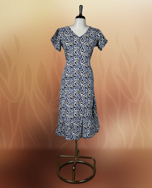 Black, blue & off white colour paisley print nightwear with a flattering V neckline & Designed for comfort & style, A perfect pick for casual days, summer outings, or light festive wear.
