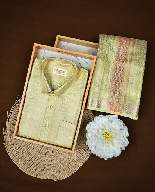 Pista green colour  ASWIN'S shirt paired with a matching dhoti, finishing with a Gold border