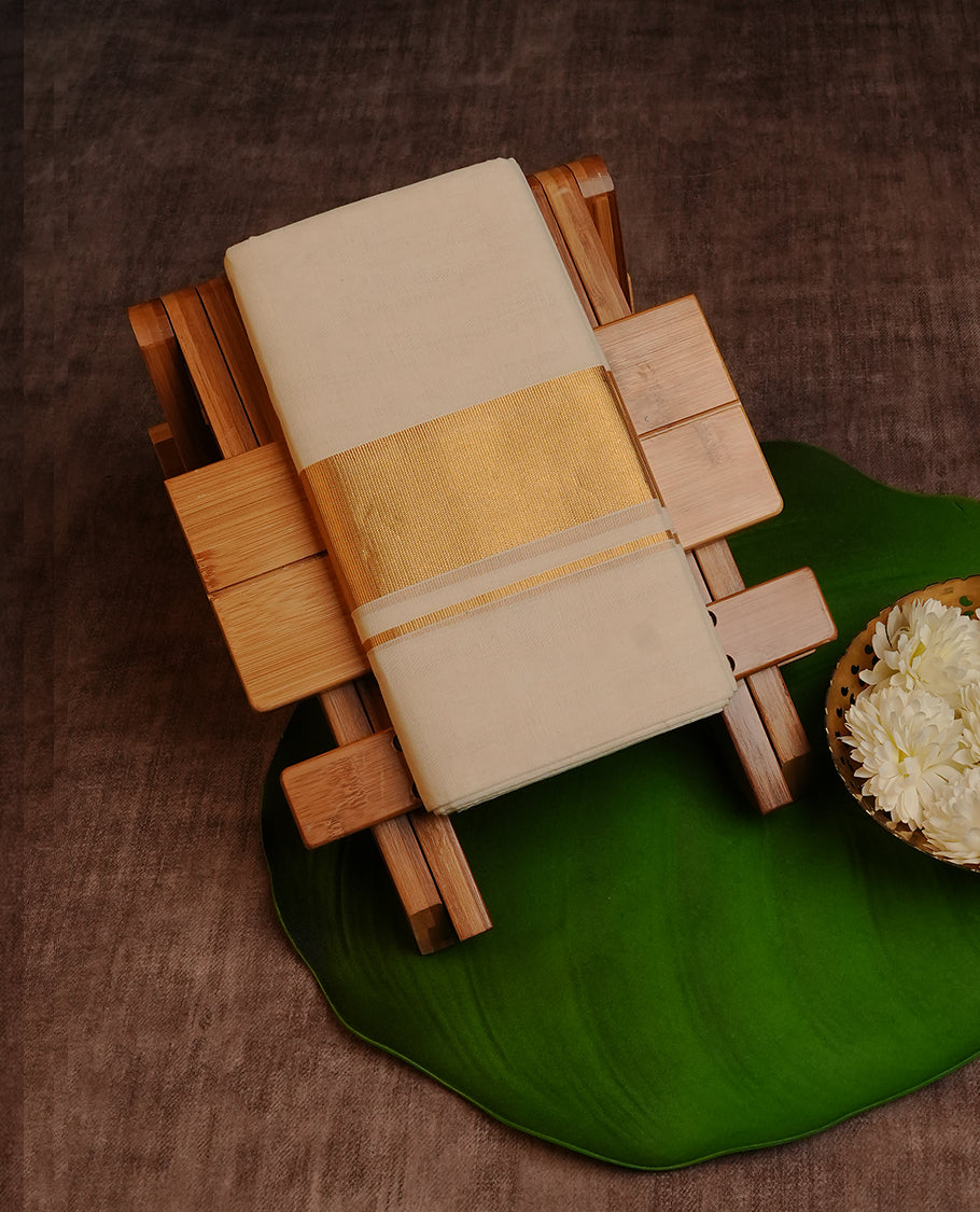 Cream colour Cotton Double dhoti featuring plain with Gold  kara.