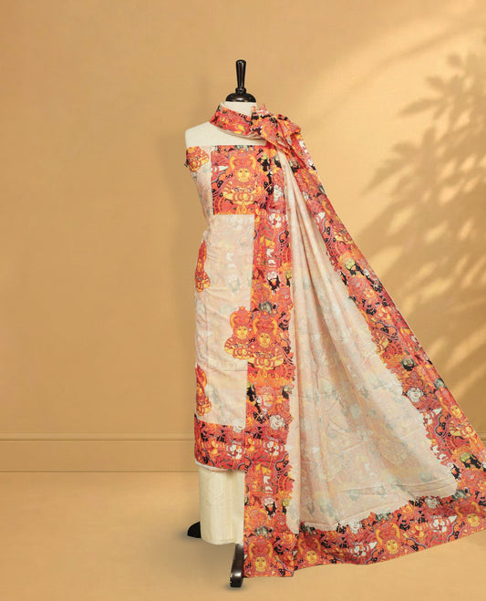 Cream colour salwar material Featuring Indian Art forms Print on body, paired with matching bottom & Elegant Dupatta.