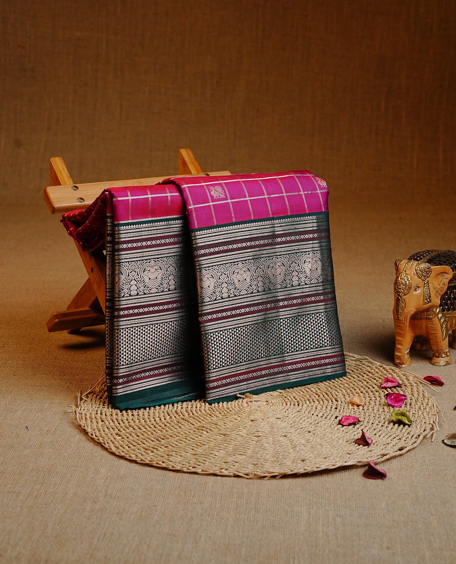 Purple colour Kancheepuram Silk saree featuring Gold zari Peacock motifs & check pattern on body, Enlighting contrast green Colour with Gold zari traditional border, paired with a matching blouse piece.