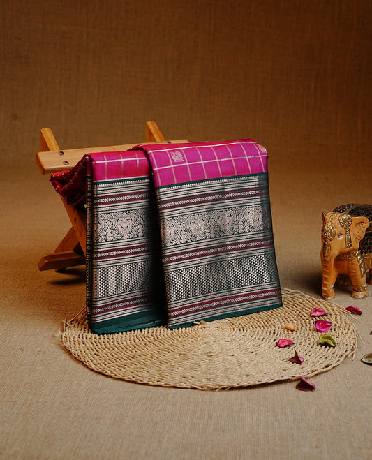 Purple colour Kancheepuram Silk saree featuring Gold zari Peacock motifs & check pattern on body, Enlighting contrast green Colour with Gold zari traditional border, paired with a matching blouse piece.