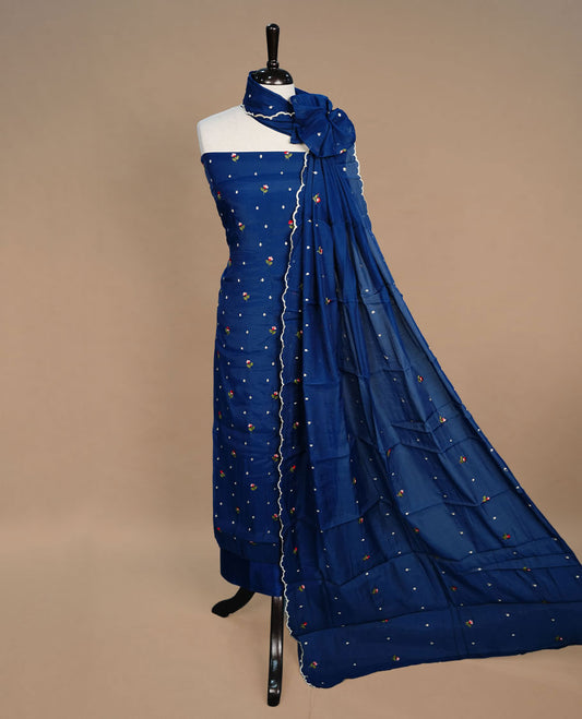 Blue colour Mulchanderi salwar suit featuring thread floral buttas on the body and matching dupatta, paired with a santon bottom.