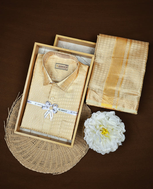 Light Gold colour  ASWIN'S shirt paired with a matching dhoti, finishing with a Gold kara