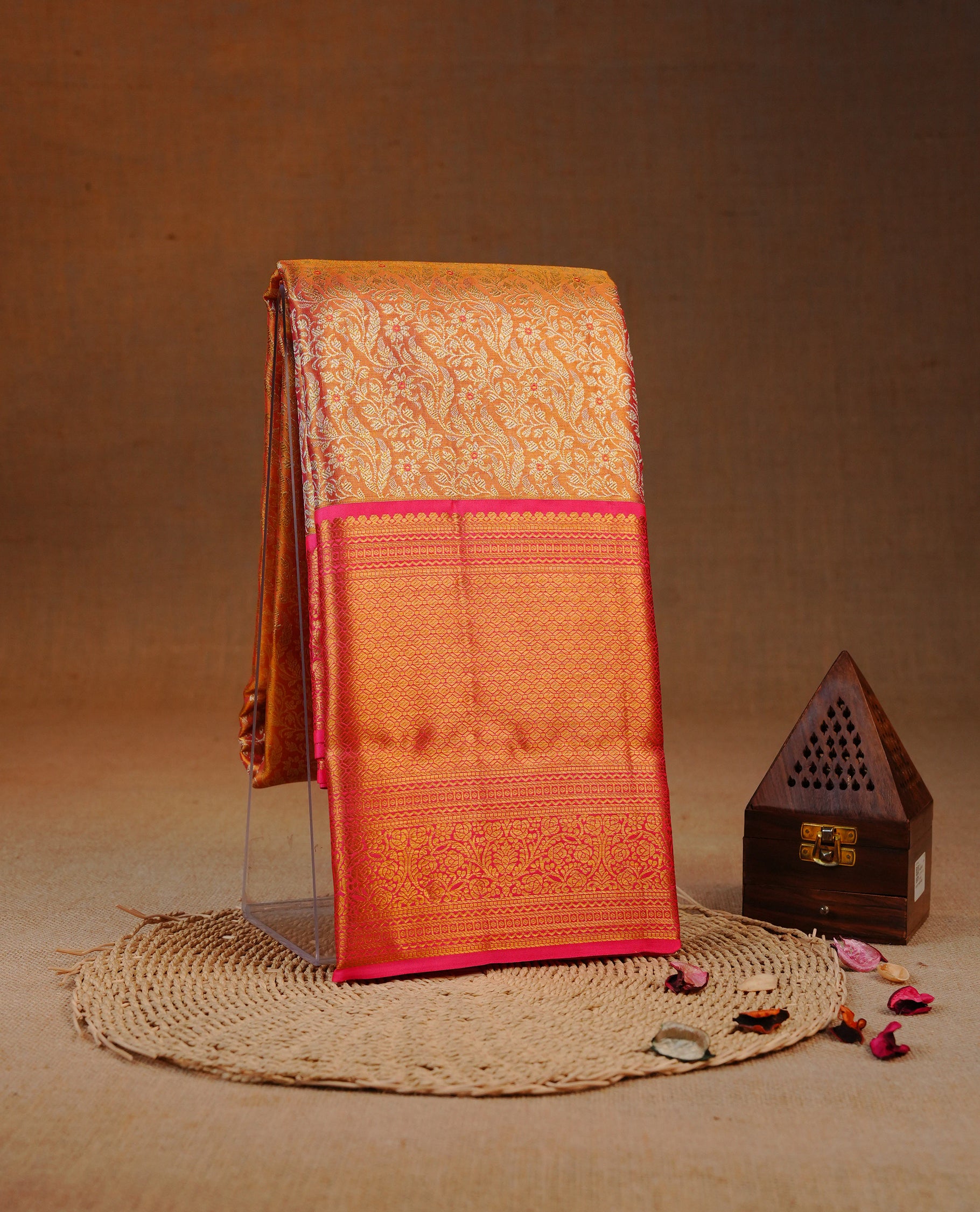 Pink & Gold double shade colour Tissue silk saree featuring Silver Kodi pattern on body, complemented by Contrast Pink With Gold Zari border, comes with matching blouse piece.