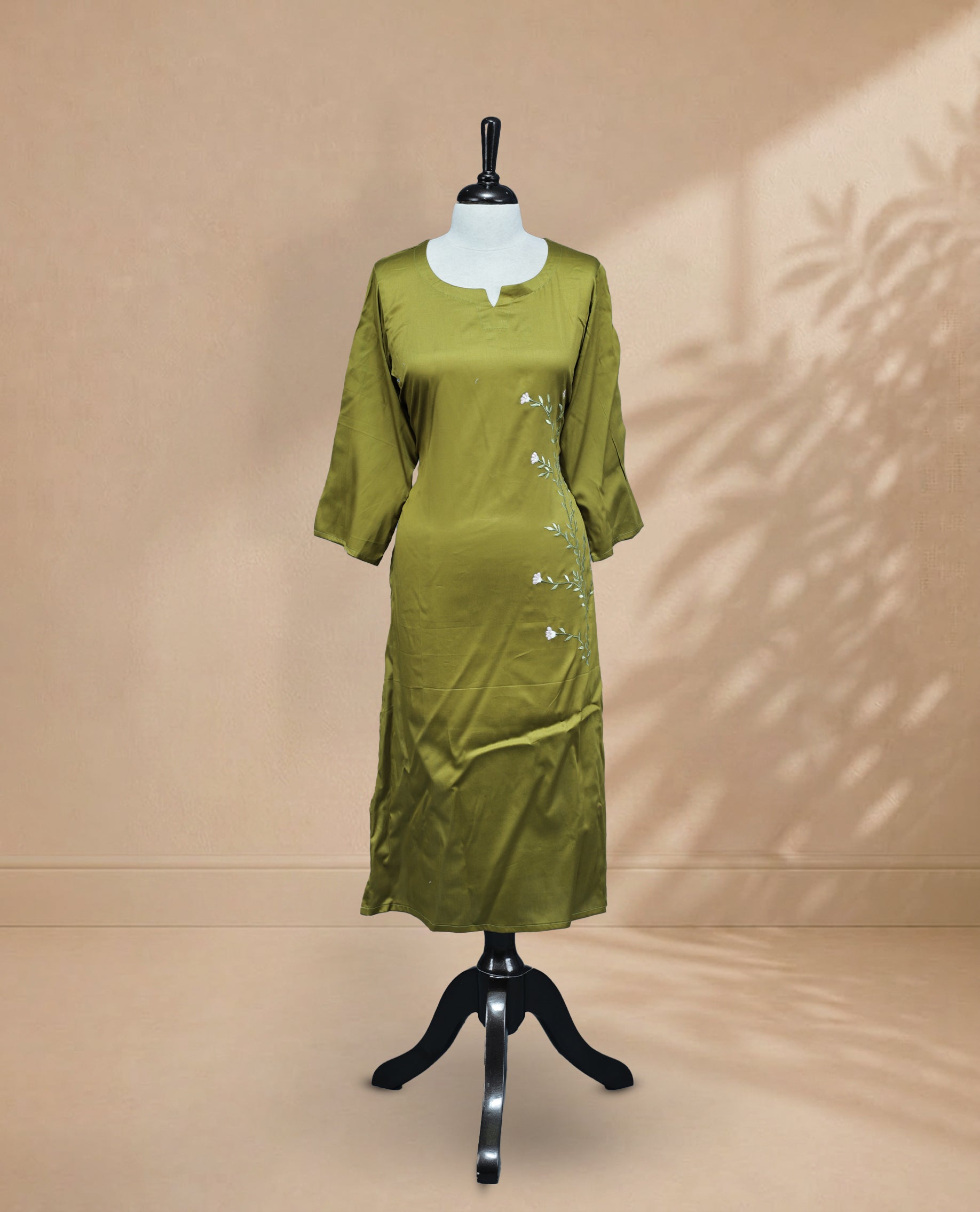 Olive Colour Kurti Featuring U-Shaped Neckline, delicate  floral vine embroidery Work On Body & Sleeve