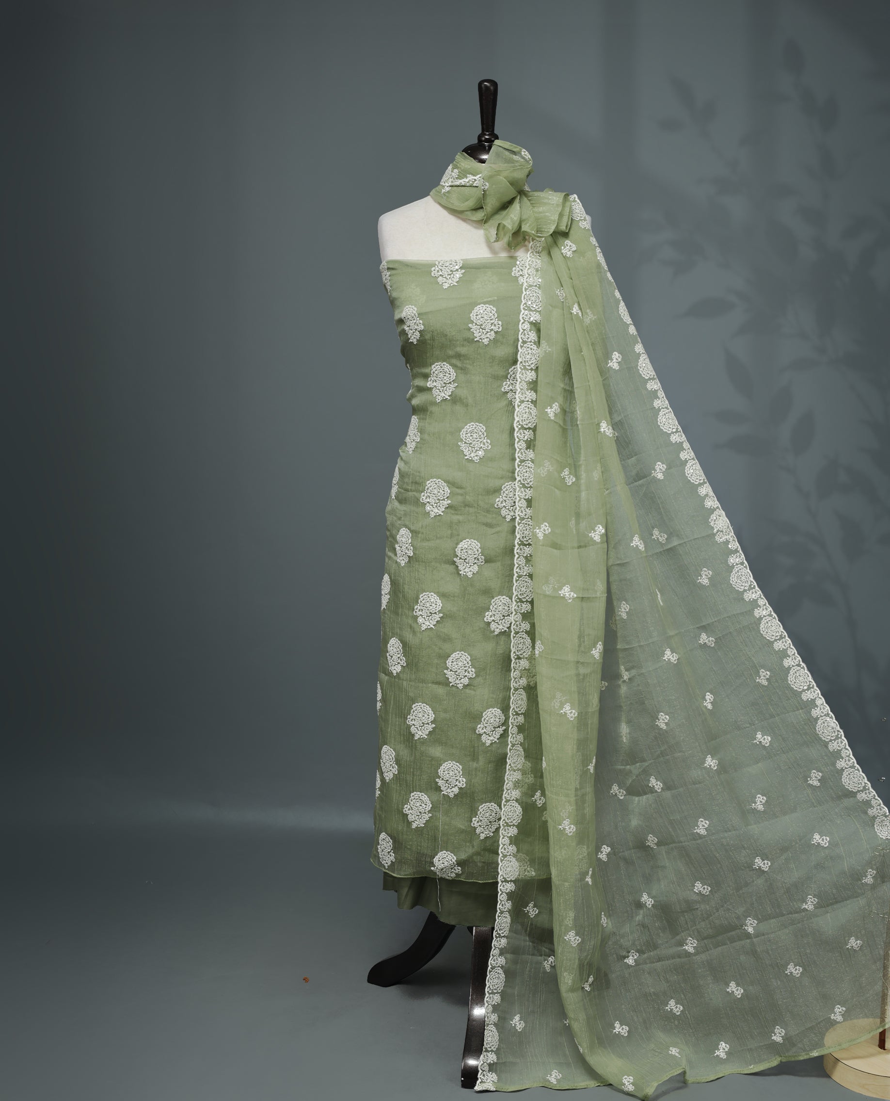 Olive Green Colour Organza  Salwar material Featuring White Embroidery Work On body & Matching Organza Dupatta with Same work & Scallop border, matching bottom.