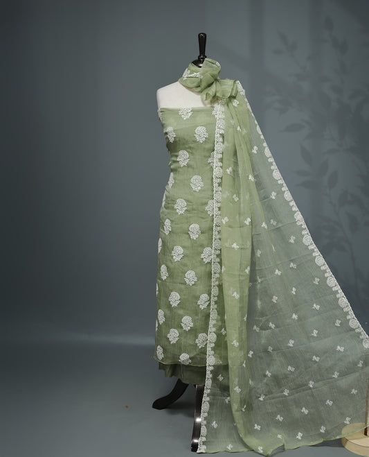 Olive Green Colour Organza  Salwar material Featuring White Embroidery Work On body & Matching Organza Dupatta with Same work & Scallop border, matching bottom.