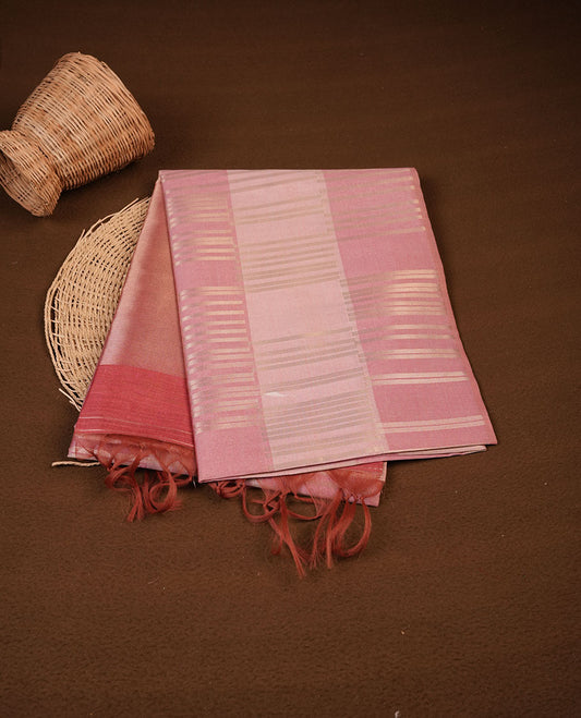Peach and Light pink colour semi tussar silk saree, featuring an intricate gold zari stripes on body and pallu , comes with matching blouse.