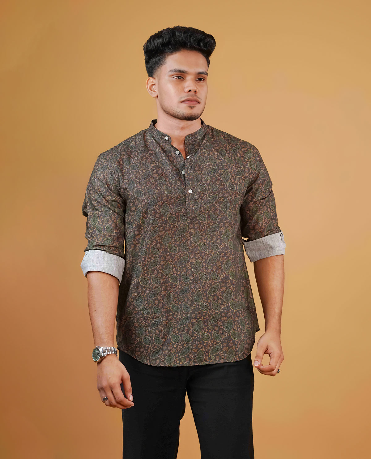 Mehandi colour men's kurta featuring elegant Print on the body, complemented by sleeves for a refined and festive look.