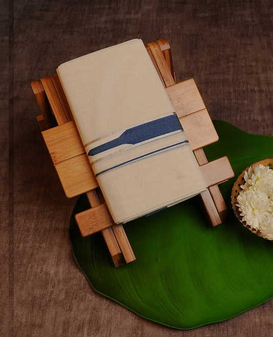 Cream Colour Cotton Double Dhoti Finished With A Classic Body , A White, Blue & Light Gold Kara