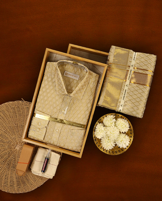 Fawn gold colour MINISTER WHITE jacquard silk shirt featuring an elegant diamond weave pattern, paired with a matching golden zari bordered dhoti, creating a rich and festive traditional ensemble.