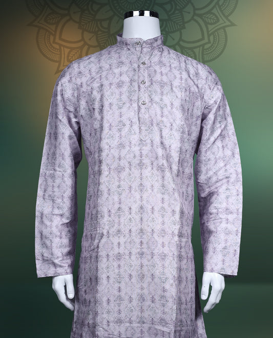 Lavender cotton kurta featuring subtle all over ethnic motifs in a tonal print, designed with a mandarin collar, buttoned placket, and full sleeves, ideal for festive and casual ethnic wear.